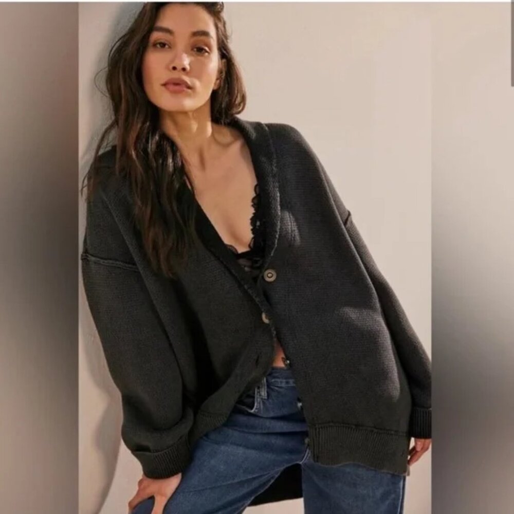 Free People Chamomile Cardi Cardigan Knit Sweater Washed Black Size Small